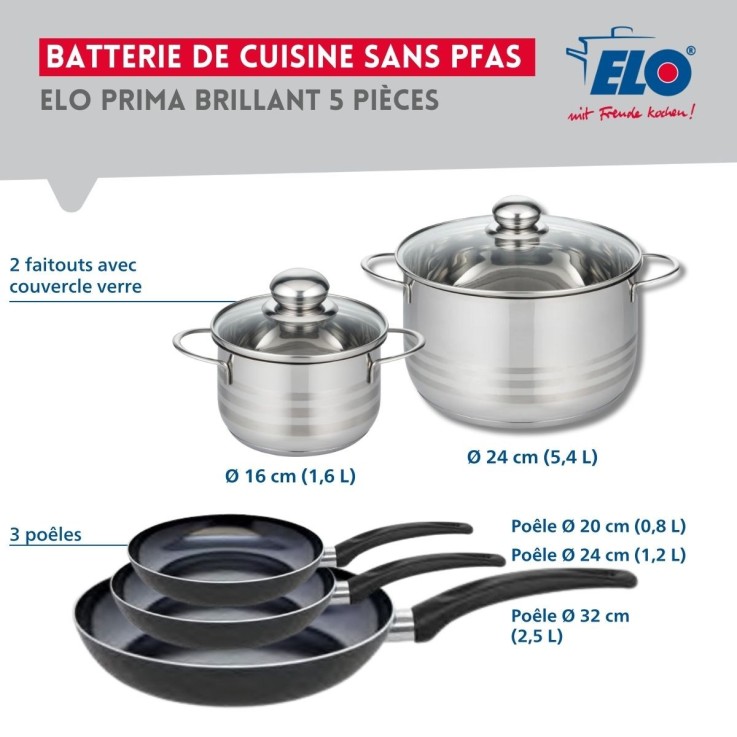 Batterie de cuisine Prima Brillant en aluminium et inox - 20, 24 et 32 cm - 16 et 24 cm - noire