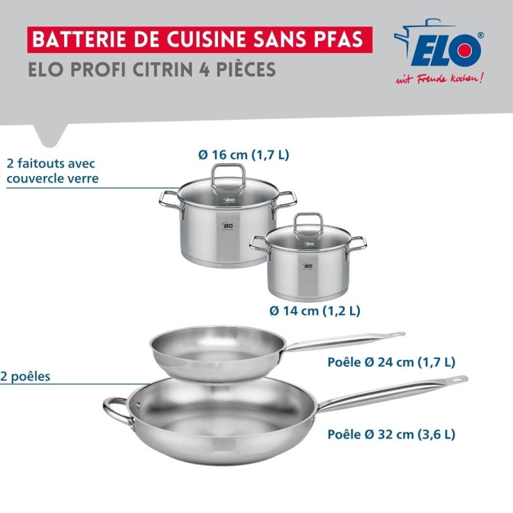 Batterie de cuisine Profi Citrin en inox - 14, 16, 24 et 32 cm
