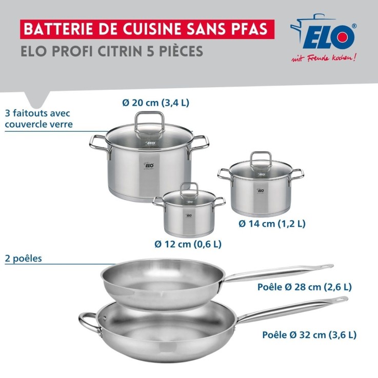 Batterie de cuisine Profi Citrin en inox - deux poêles et trois faitouts