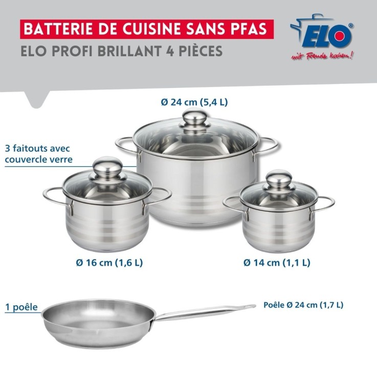 Batterie de cuisine Profi Brillant en inox - 14, 16 et 24 cm