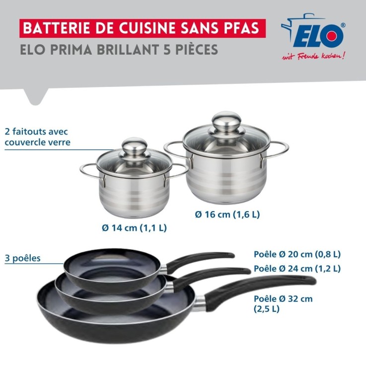 Batterie de cuisine Prima Brillant en aluminium et inox - 20, 24, 32, 14 et 16 cm