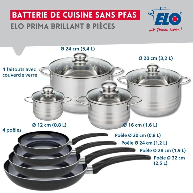 Batterie de cuisine Prima Brillant en aluminium et inox - 8 pièces - noir