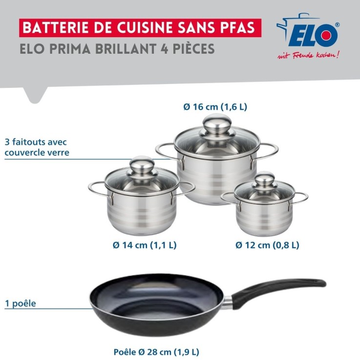 Batterie de cuisine Prima Brillant en aluminium et inox - 12, 14, 16 et 28 cm