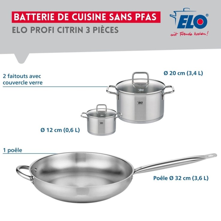 Batterie de cuisine Profi Citrin en inox - 12, 20 et 32 cm