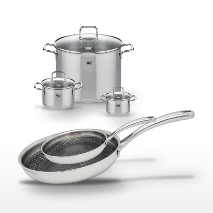 Batterie de cuisine Relief Evolution en inox - 2 poêles et 3 faitouts