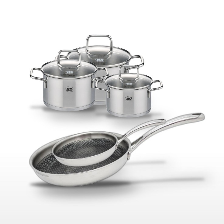 Batterie de cuisine Relief Evolution en inox - poêles 24/28 cm - faitouts 12/14/16 cm