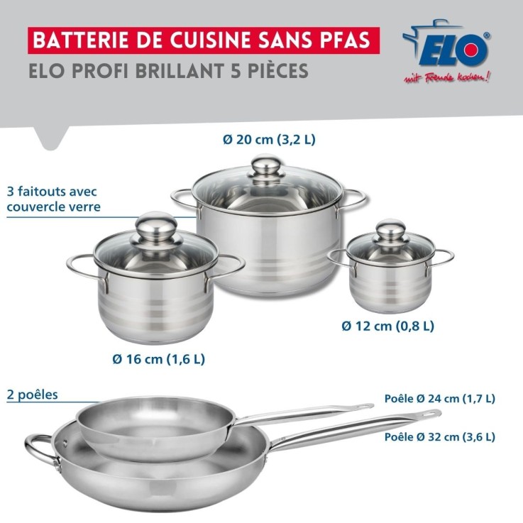 Batterie de cuisine Profi Brillant en inox - 2 poêles et 3 faitouts