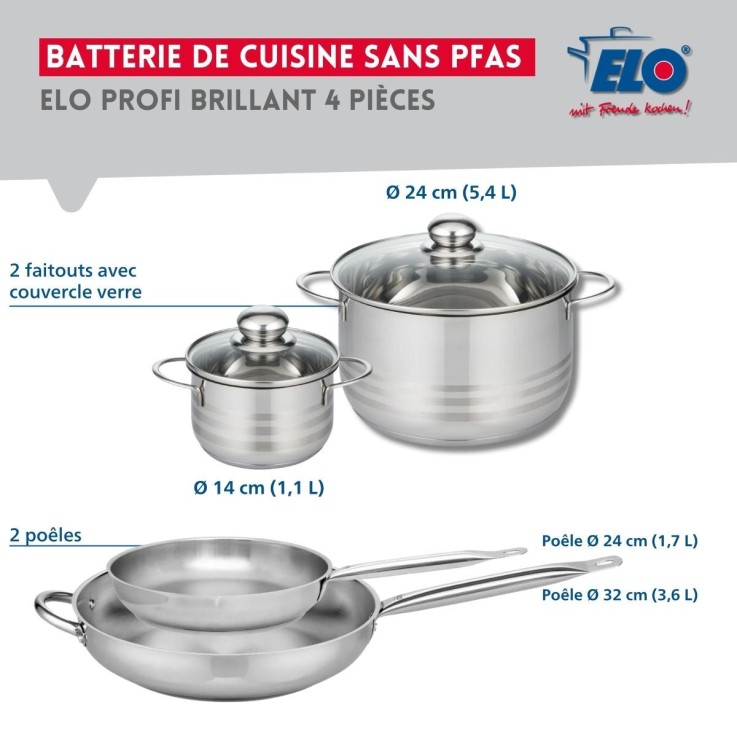 Batterie de cuisine Profi Brillant en inox - 2 poêles et 2 faitouts