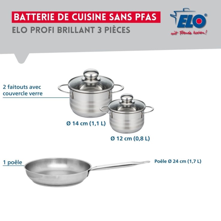 Batterie de cuisine Profi Brillant en inox - 24, 12 et 14 cm