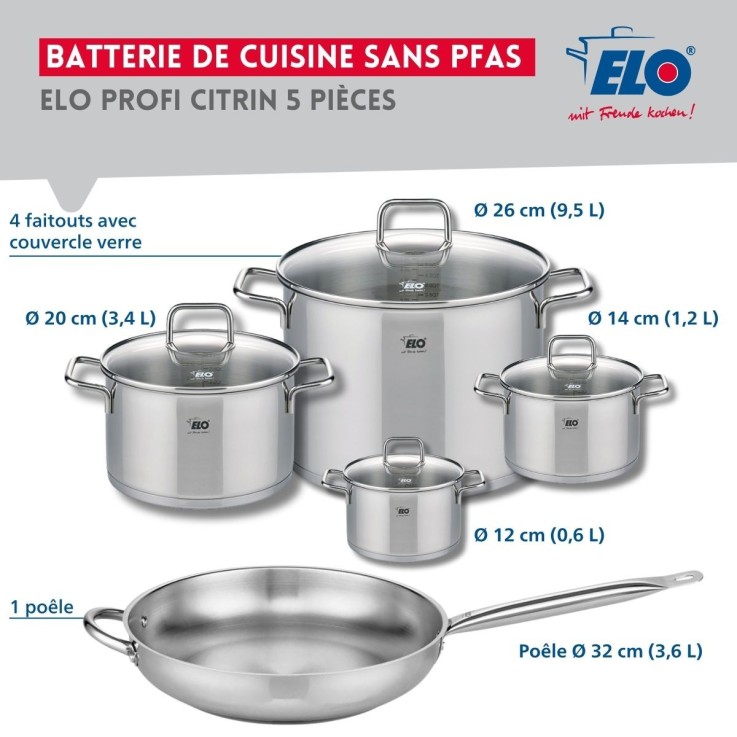 Batterie de cuisine Profi Citrin en inox - 32 cm - faitouts 12/14/20/26 cm