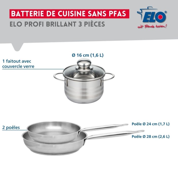 Batterie de cuisine Profi Brillant en inox - 16, 24 et 28 cm