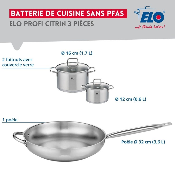 Batterie de cuisine Profi Citrin en inox - 12, 16 et 32 cm