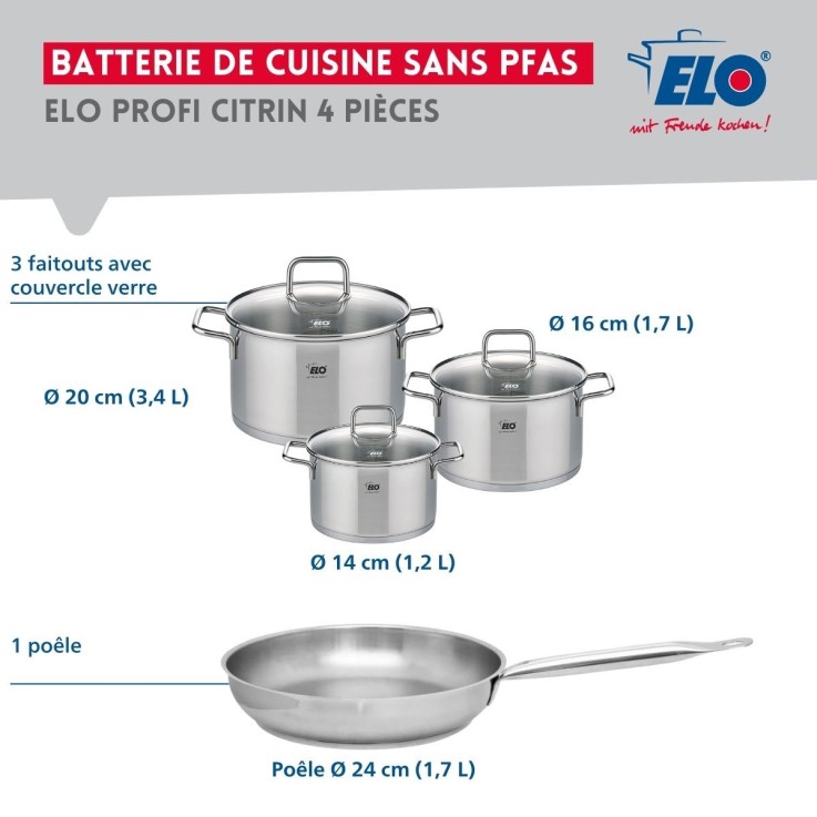 Batterie de cuisine Profi Citrin en inox - 14, 16, 20 et 24 cm