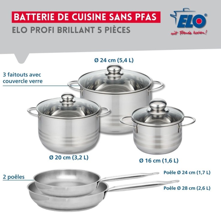 Batterie de cuisine Profi Brillant en inox - 5 pièces - 16, 20, 24 et 28 cm