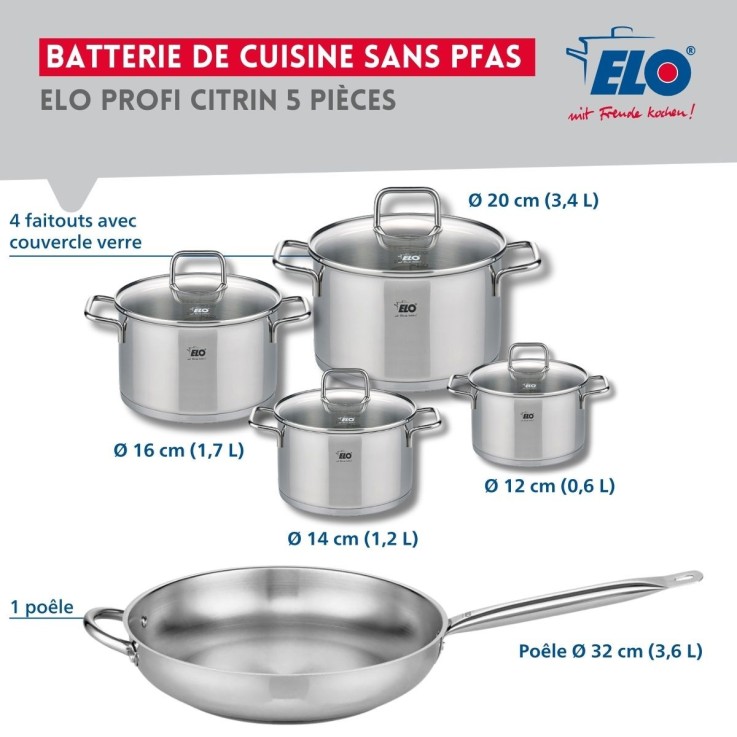 Batterie de cuisine Profi Citrin en inox - poêle 32 cm - 4 faitouts