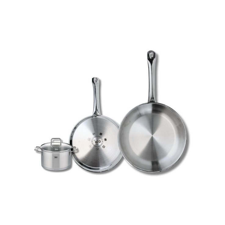 Batterie de cuisine Profi Citrin en inox - poêles 24 et 28 cm - faitout 12 cm