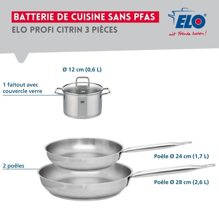 Batterie de cuisine Profi Citrin en inox - poêles 24 et 28 cm - faitout 12 cm