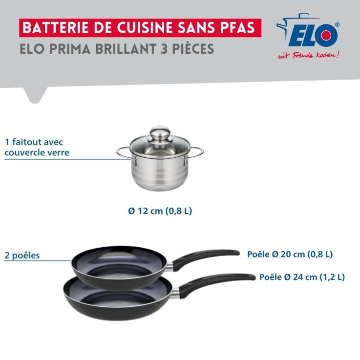 Batterie de cuisine Prima Brillant en aluminium et inox - 20/24/12 cm - noir