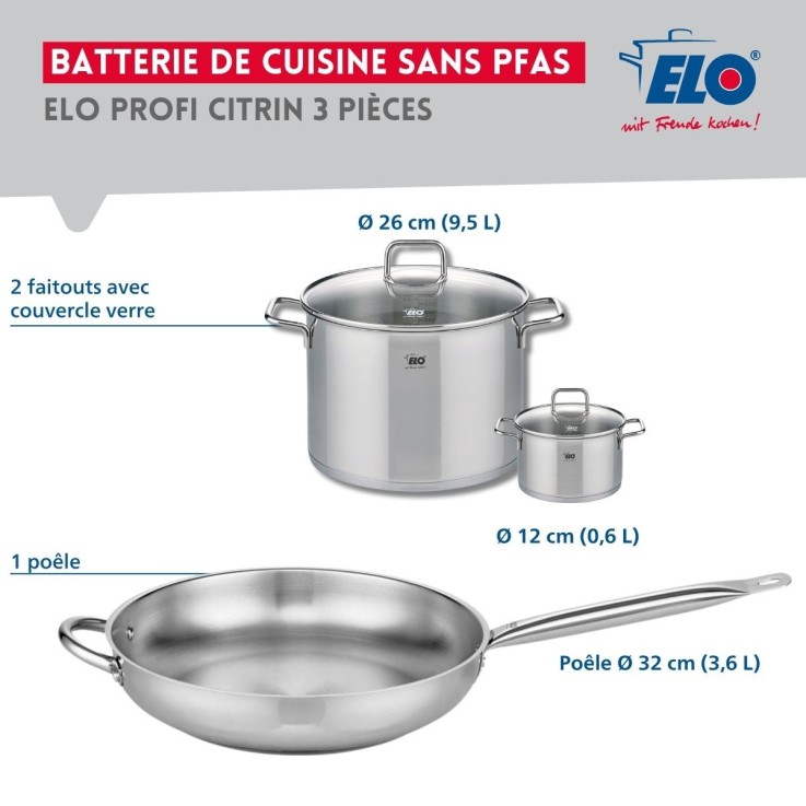 Batterie de cuisine Profi Citrin en inox - poêle 32 cm - faitouts 12 et 26 cm