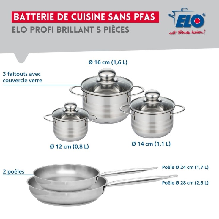 Batterie de cuisine Profi Brillant en inox - 2 poêles et 3 faitouts