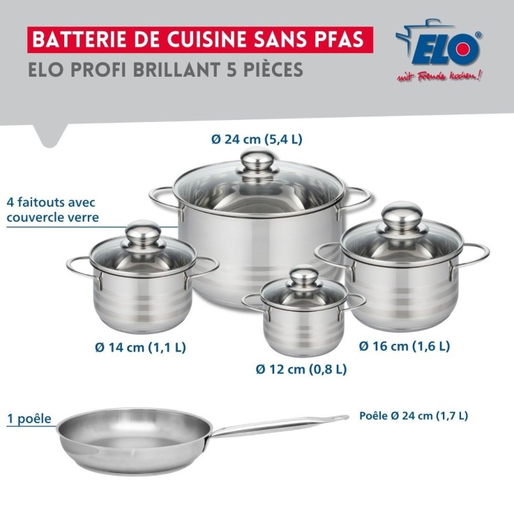 Batterie de cuisine Profi Brillant en inox - 5 pièces - 12/14/16/24 cm - grise