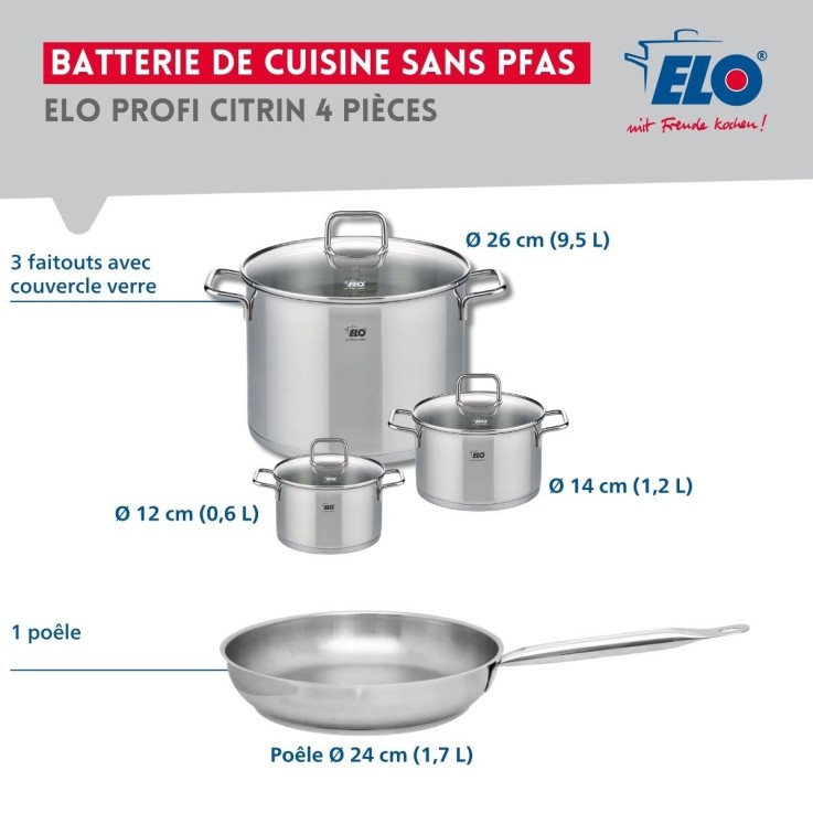 Batterie de cuisine Profi Citrin en inox - 12, 14, 24 et 26 cm