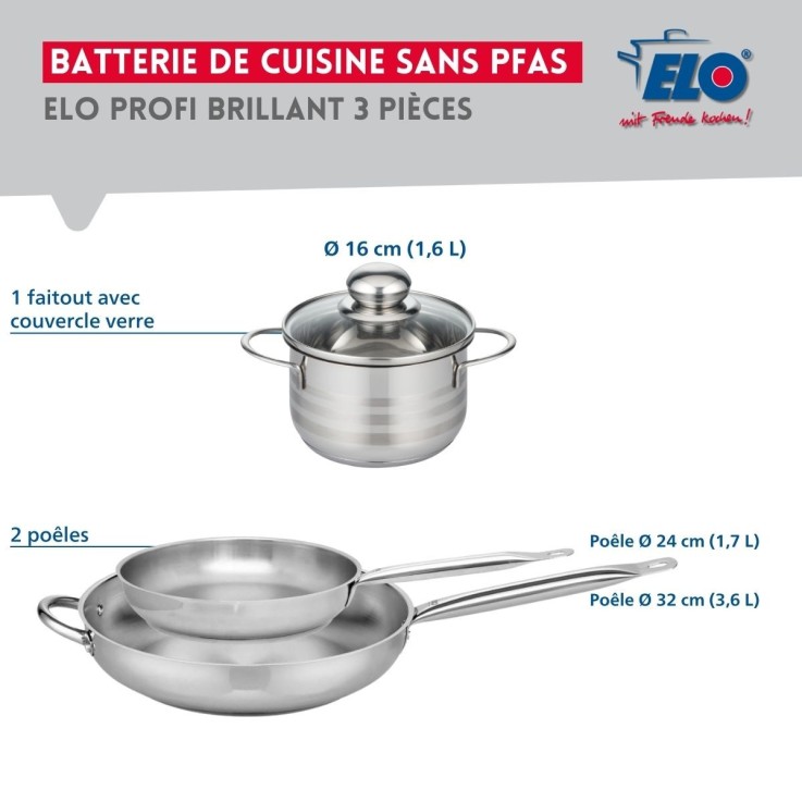 Batterie de cuisine Profi Brillant en inox - 24, 32 et 16 cm