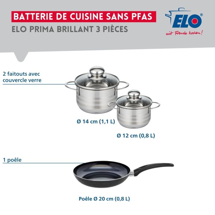 Batterie de cuisine Prima Brillant en aluminium et inox - 20, 12 et 14 cm