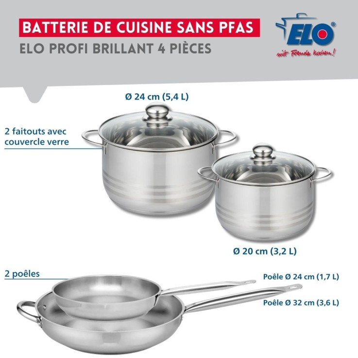 Batterie de cuisine Profi Brillant en inox - 20, 24 et 32 cm