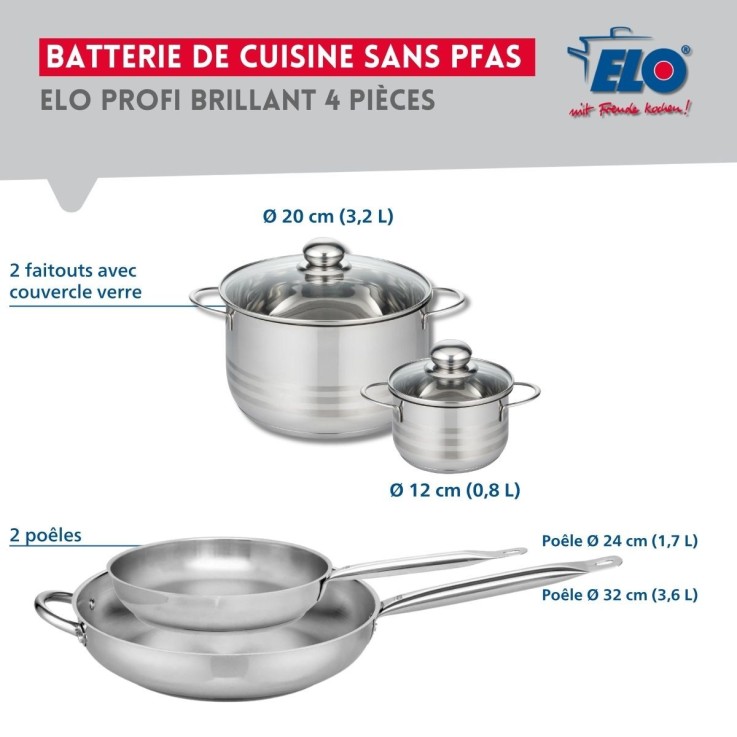 Batterie de cuisine Profi Brillant en inox - 4 pièces - poêles et faitouts