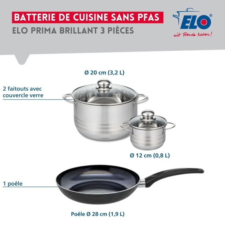 Batterie de cuisine Prima Brillant en aluminium et inox - 12, 20 et 28 cm - noire