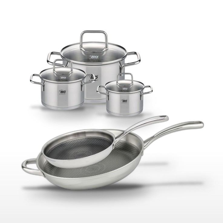 Batterie de cuisine Relief Evolution en inox et verre - 28/32 et 12/14/20 cm