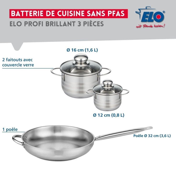Batterie Profi Brillant en inox - poêle 32 cm et faitouts 12/16 cm