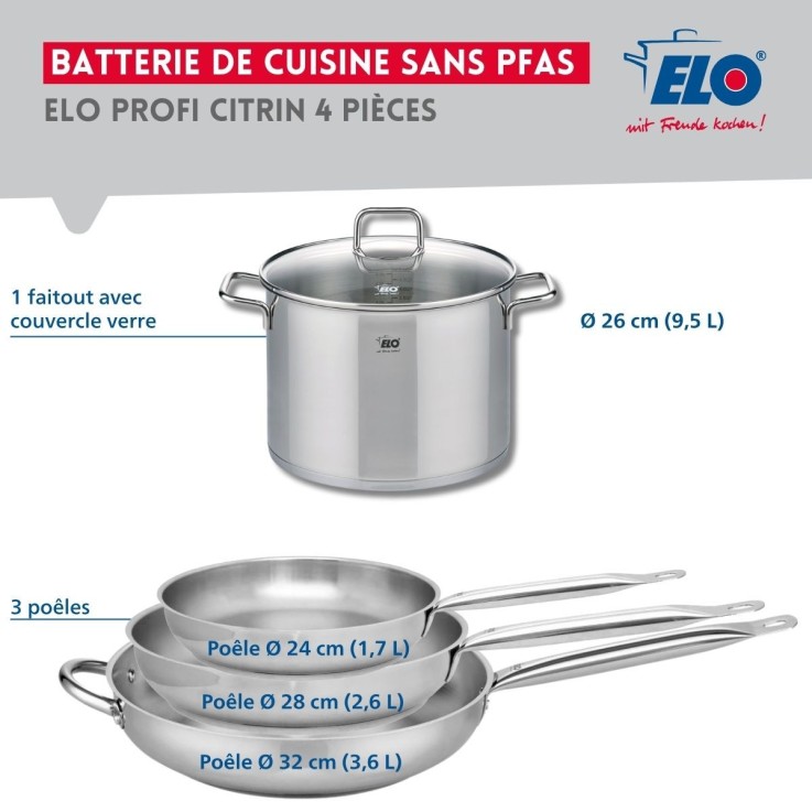 Batterie de cuisine Profi Citrin en inox - poêles 24, 28 et 32 cm - faitout 26 cm
