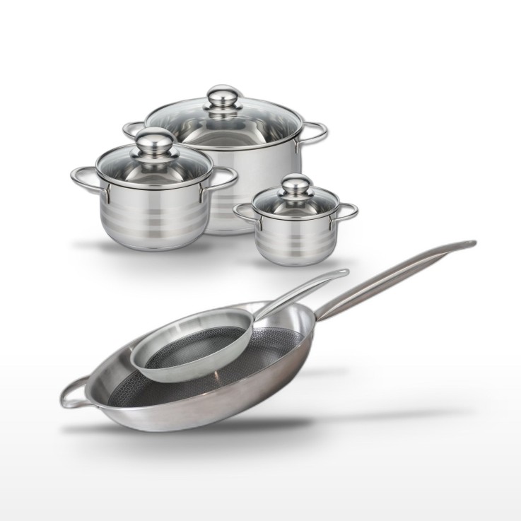 Batterie de cuisine Relief Solution en inox - 2 poêles et 3 faitouts