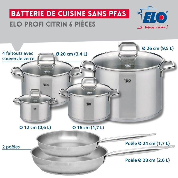 Batterie de cuisine Profi Citrin en inox - 2 poêles et 4 faitouts