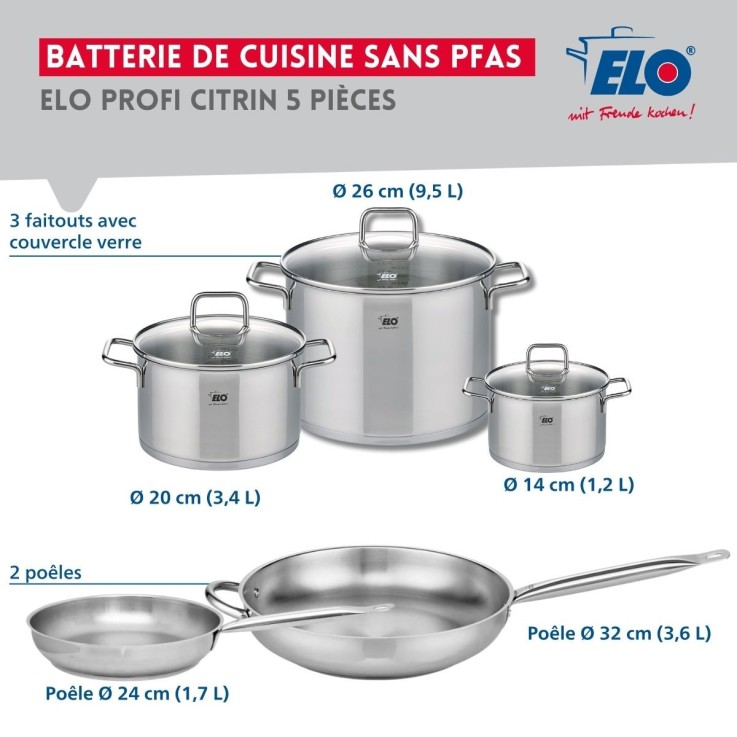 Batterie de cuisine Profi Citrin en inox - poêles 24/32 cm - faitouts 14/20/26 cm