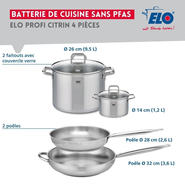 Batterie de cuisine Profi Citrin en inox - 14, 26, 28 et 32 cm