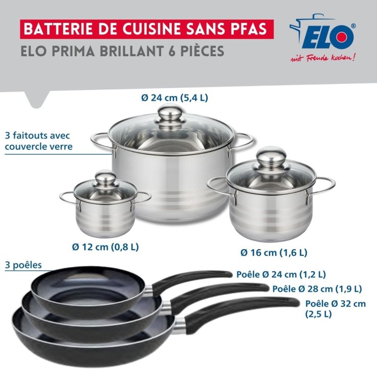 Batterie de cuisine Prima Brillant en aluminium et inox - 6 pièces - noir