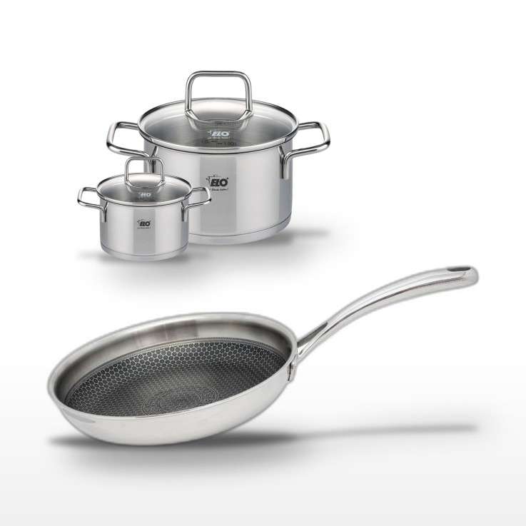 Batterie de cuisine Relief Evolution en inox - poêle 24 cm et faitouts 12/20 cm