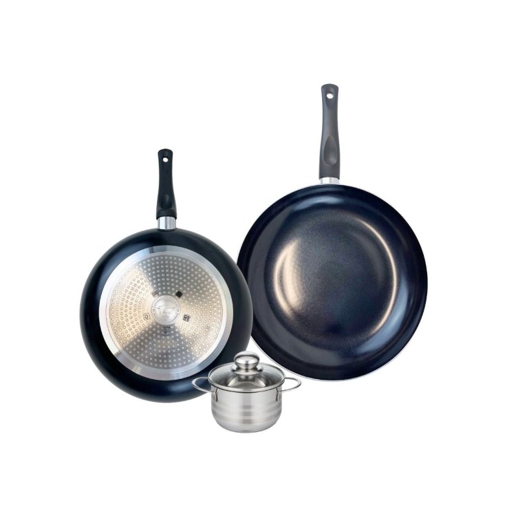 Batterie de cuisine Prima Brillant en aluminium et inox - 28, 32 et 12 cm - noire