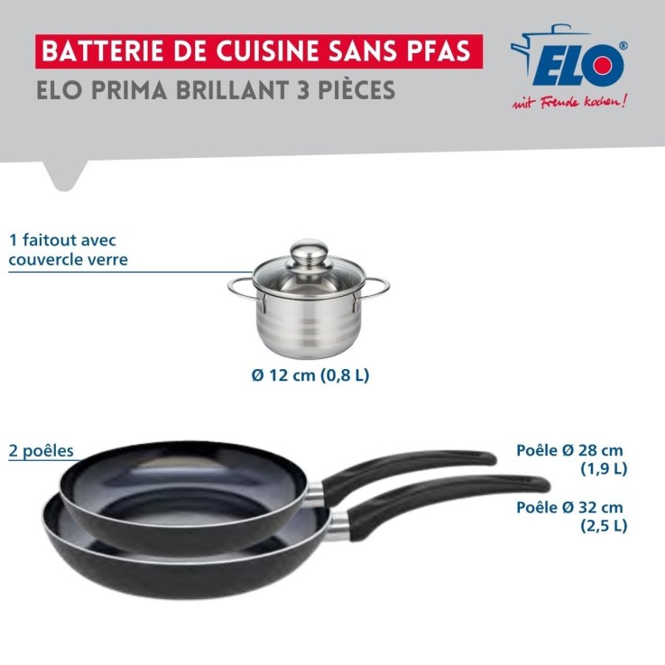 Batterie de cuisine Prima Brillant en aluminium et inox - 28, 32 et 12 cm - noire
