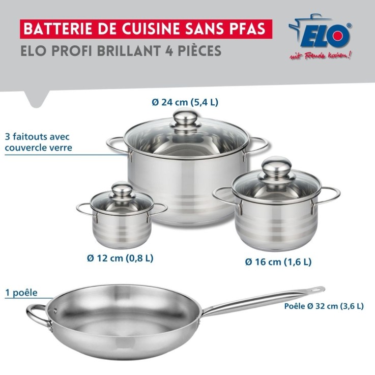 Batterie de cuisine Profi Brillant en inox - 12, 16, 24, 32 cm