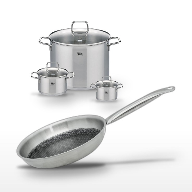 Batterie de cuisine Relief Solution en inox - 3 faitouts et 1 poêle