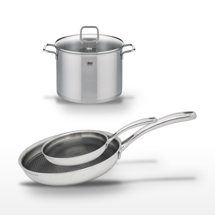Lot de deux poêles et faitout Relief Evolution en inox - 28/24/26 cm
