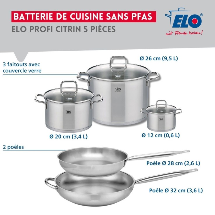 Batterie de cuisine Profi Citrin en inox - 5 pièces - 12, 20, 26, 28 et 32 cm