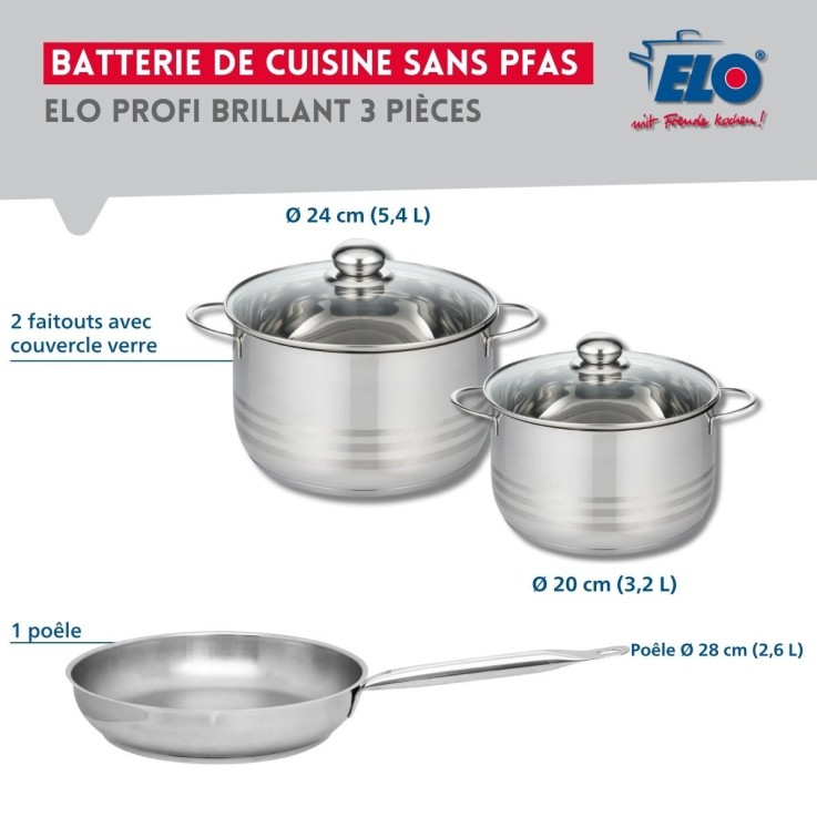 Batterie de cuisine Profi Brillant en inox - 20, 24 et 28 cm