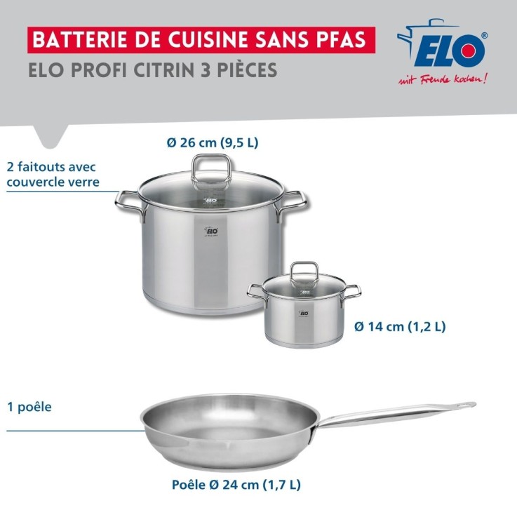 Batterie de cuisine Profi Citrin en inox - 3 pièces - 14/24/26 cm