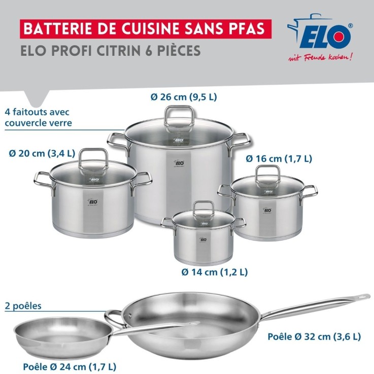 Batterie de cuisine Profi Citrin en inox - 6 pièces - poêles et faitouts