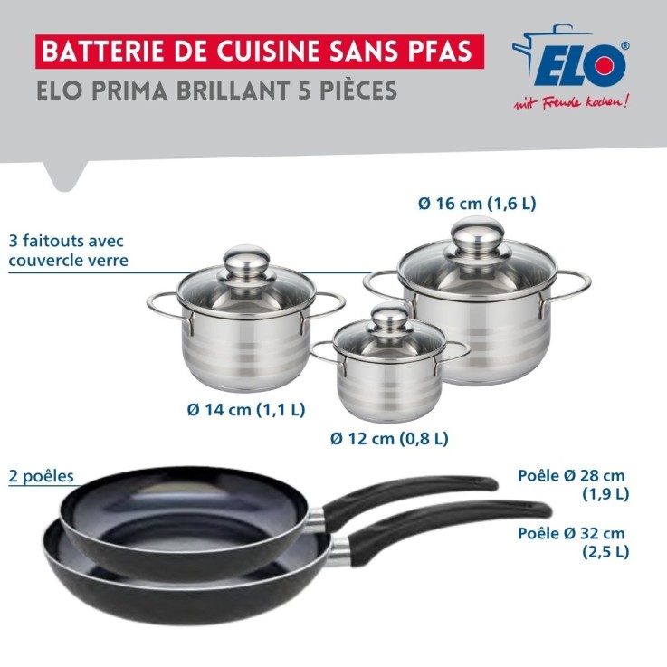 Batterie de cuisine Prima Brillant en aluminium et inox - 5 pièces - noir